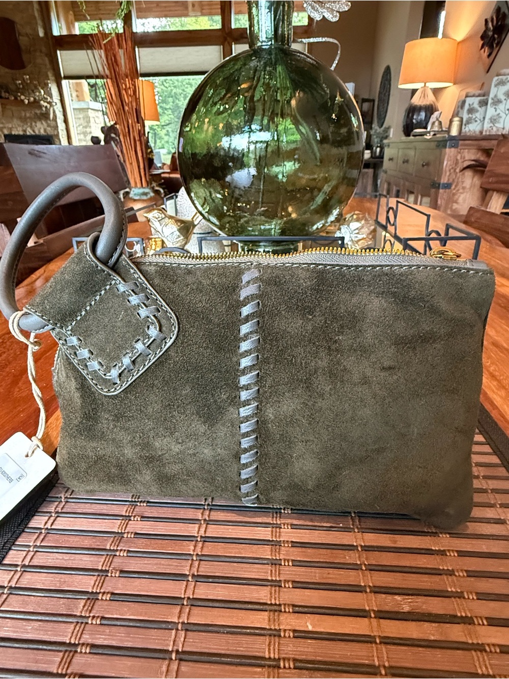 Olive Suede Wristlet Clutch with Contrast Whipstitch